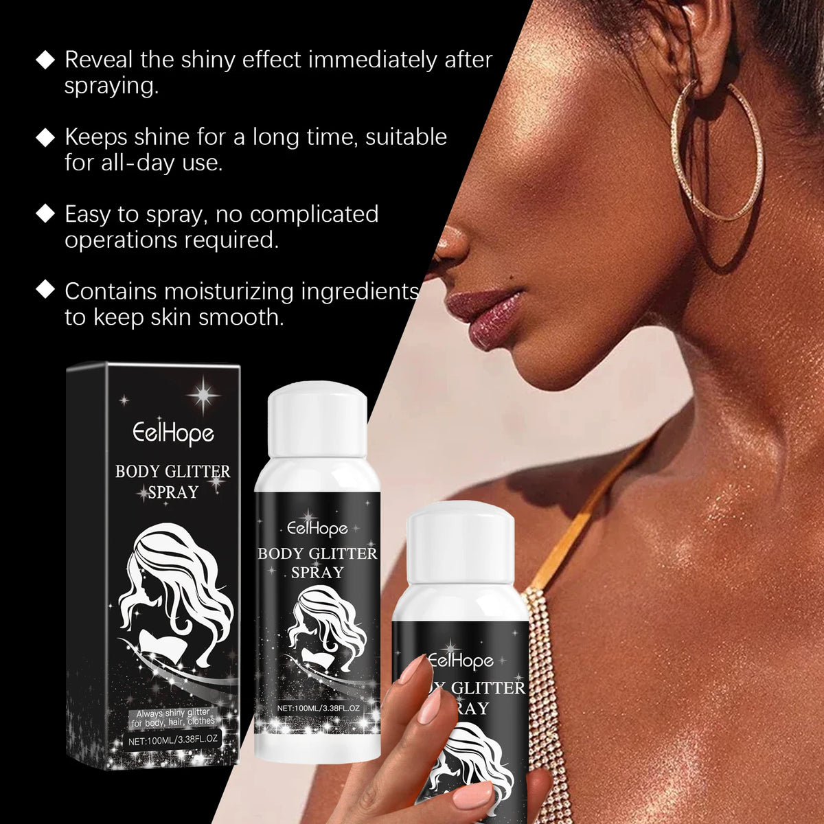 Eelhope Body & Face Glitter Spray | Shimmer Highlighter 100ml Body Glitter Spray QXL