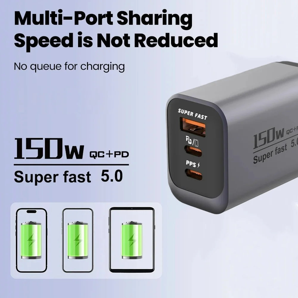 150W 3-in-1 USB-C PD Fast Charger | QC3.0 EU US UK Travel USB-C Wall Charger QXL