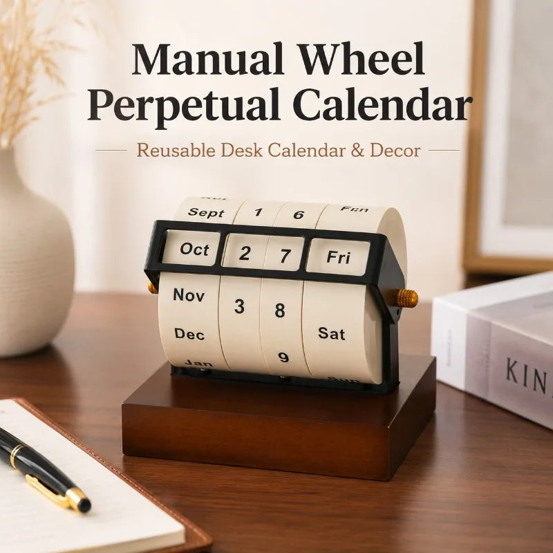 Wheel Perpetual Calendar | Manual Rotating Desk Calendar Wood Base Perpetual Desk Calendar QXL
