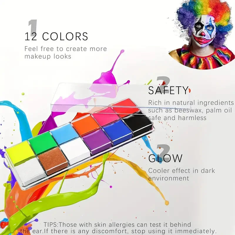 12-Color UV Glow Face & Body Paint Palette | Halloween Kit Face & Body Paint QXL