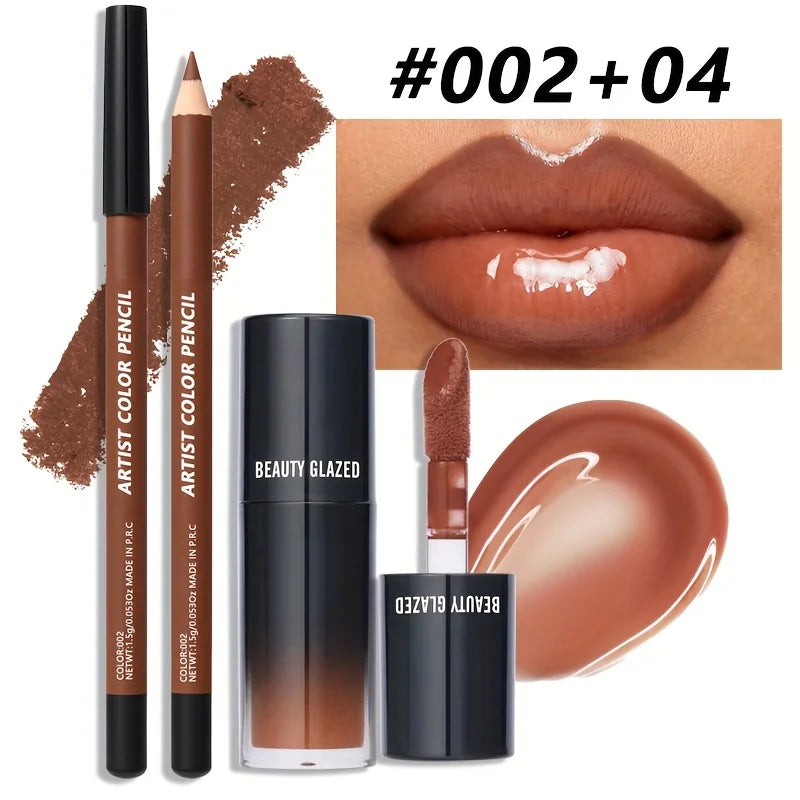 2-Pc Matte Lip Liner & Lip Oil Combo | Waterproof Brown Tinted Lip Liner & Lip Oil Set QXL 002 04