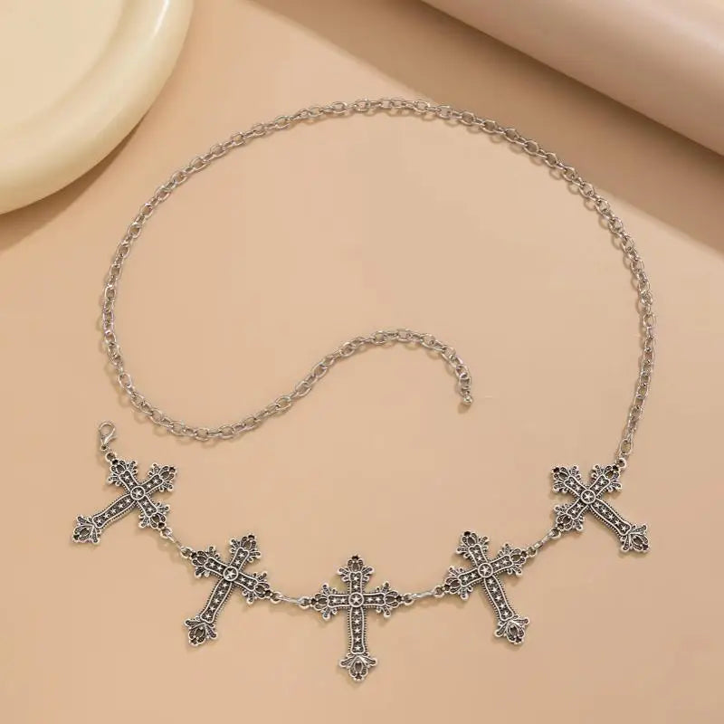 Gothic Cross Metal Waist Chain Belt | Adjustable Y2K Jewelry Metal Waist Chain Belt QXL