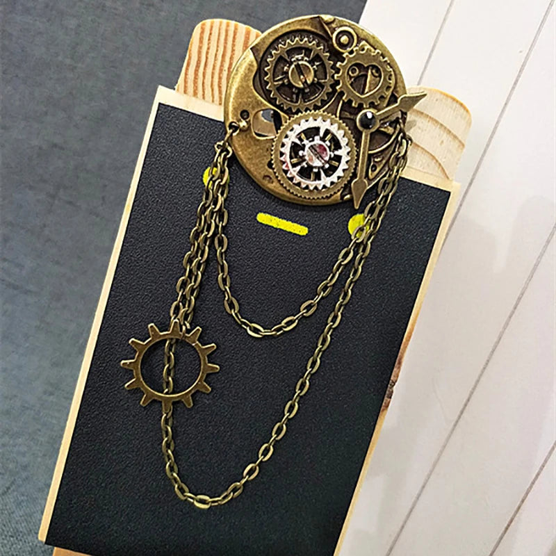 Retro Steampunk Gear Brooch & Tassel Chain Lapel Pin | Alloy Brooch Lapel Pin QXL