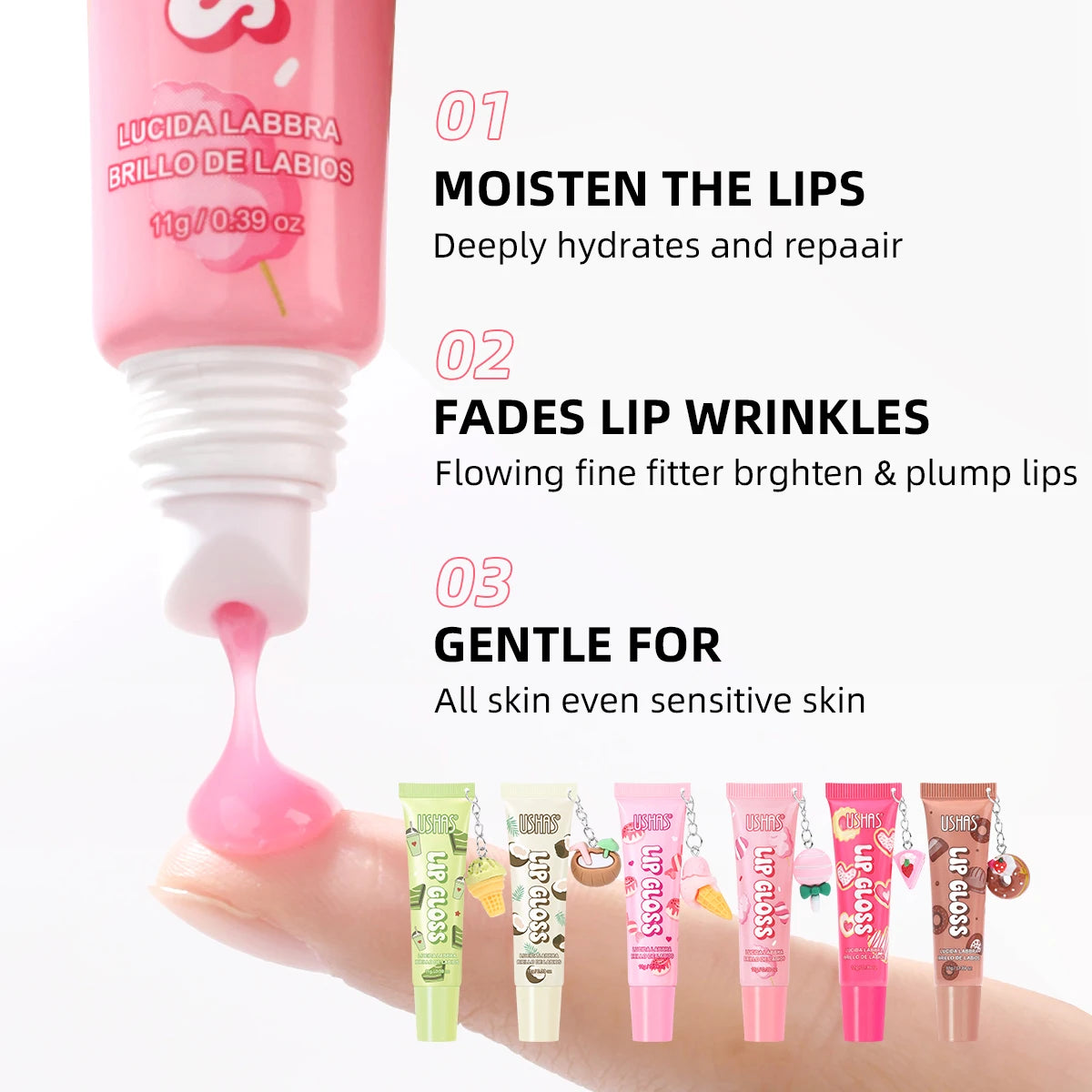 USHAS Donut Pendant Lip Gloss | Fruity Hydrating Lip Oil 5 Flavors Lip Gloss Oil QXL