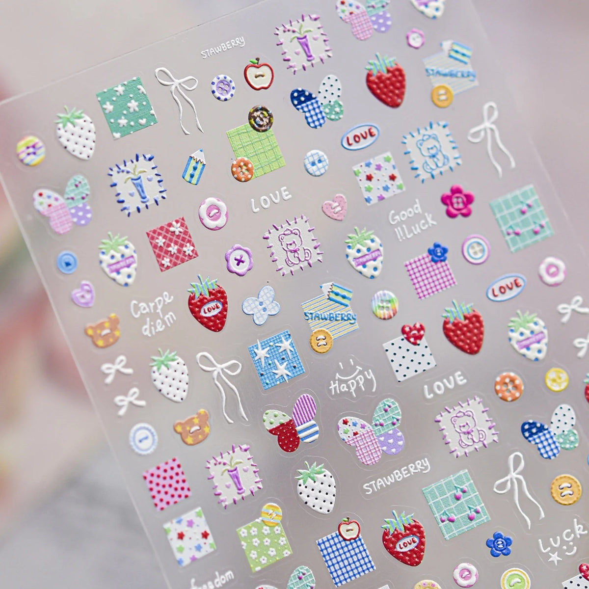 5D Cartoon Nail Stickers | Bear Bow Strawberry Self-Adhesive Nail Art Stickers QXL