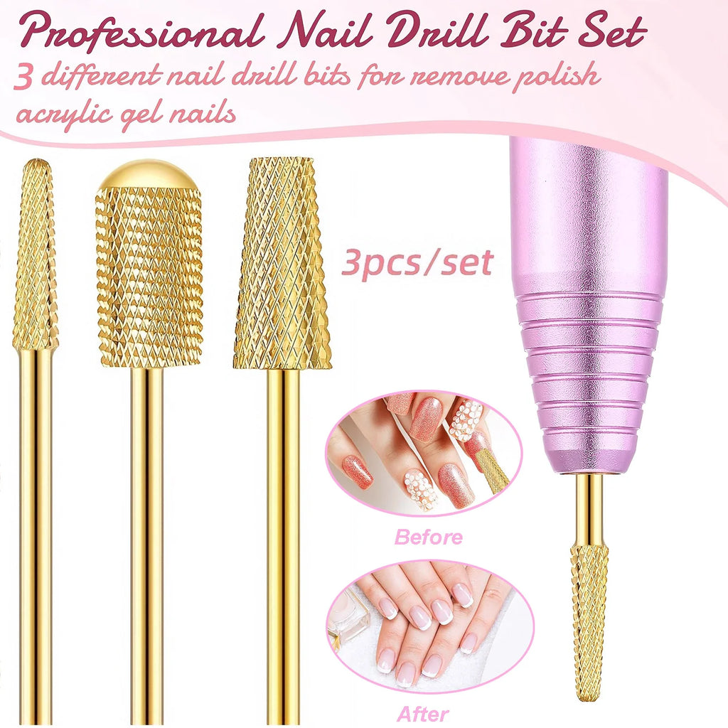 3-Pack Gold Tungsten Carbide Nail Drill Bits | Gel Removal Nail Drill Bits QXL