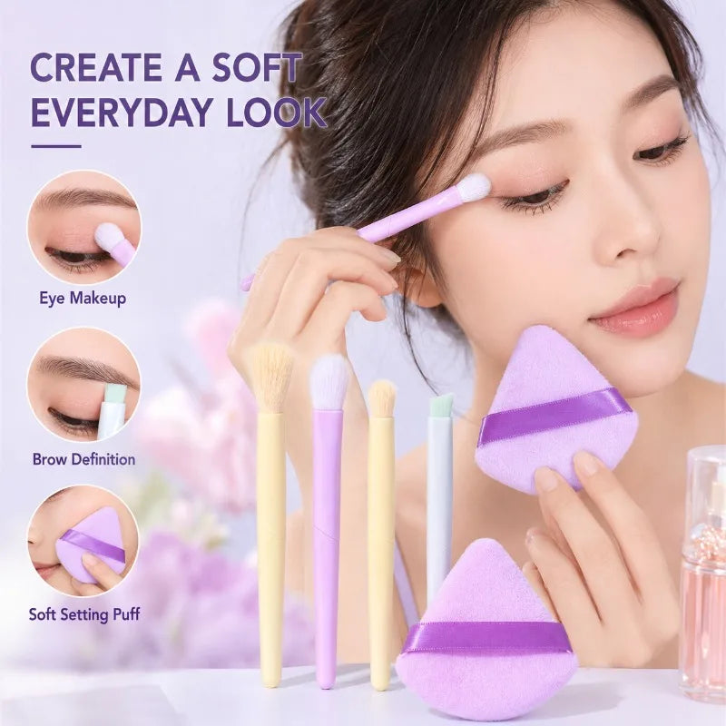 5-Pc Macaron Mini Eye Brush Set with Velour Powder Puff Mini Makeup Brush Set QXL