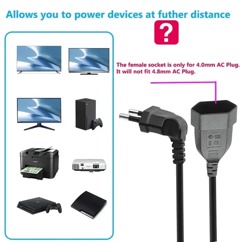 EU CEE 2-Prong Angled Extension Cord | Male to Female Cable Power Extension Cord QXL