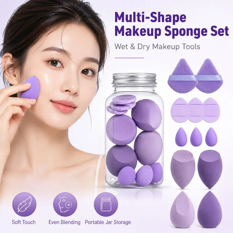 14-Pc Makeup Sponge & Puff Set with Storage Jar | Wet & Dry Makeup Sponge Set QXL