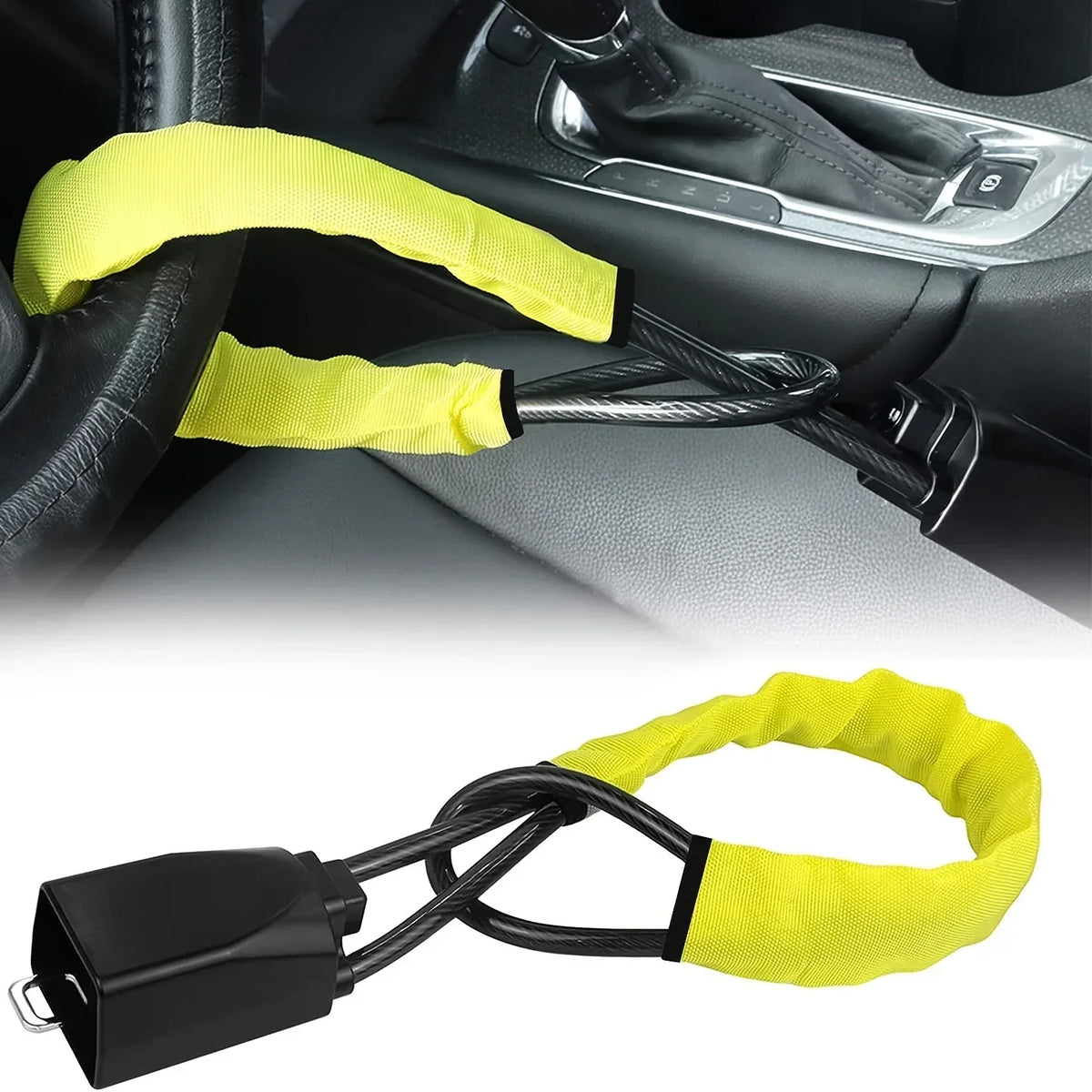 Steering Wheel & Seat Belt Lock | Cut-Proof Anti-Theft Cable Steering Wheel Lock QXL YELLOW