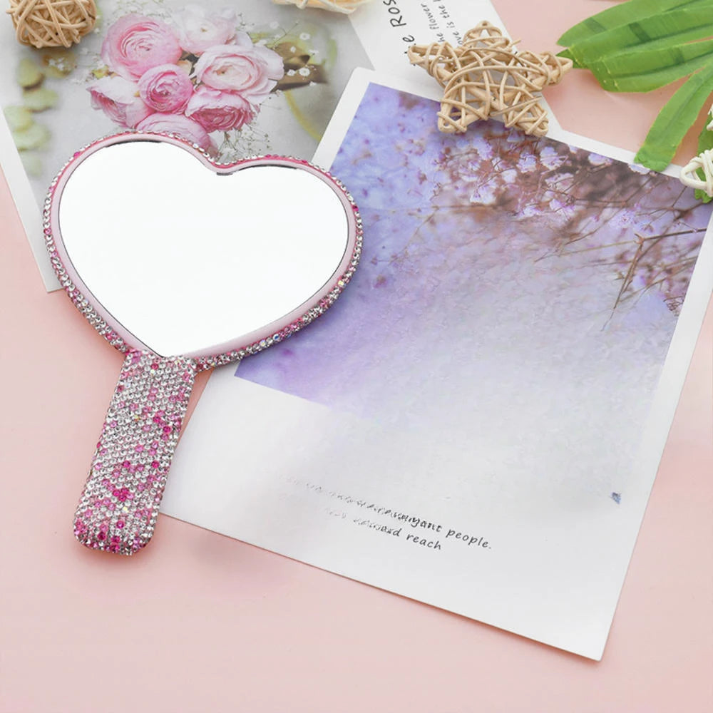 Heart-Shaped Diamond Handheld Makeup Mirror for Women & Girls Handheld Makeup Mirror QXL Pink