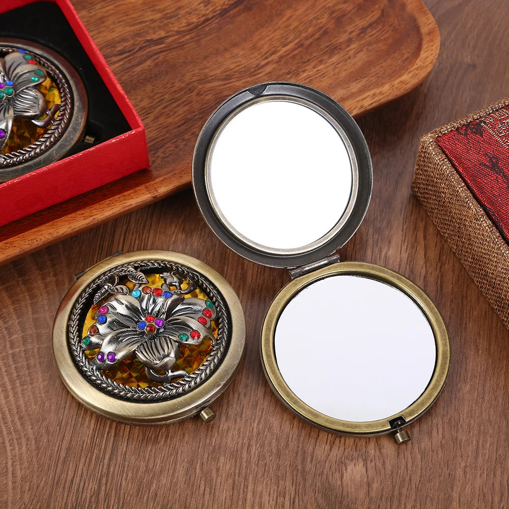 Vintage Round Compact Mirror | Double-Sided Folding Pocket Mirror Compact Pocket Mirror QXL