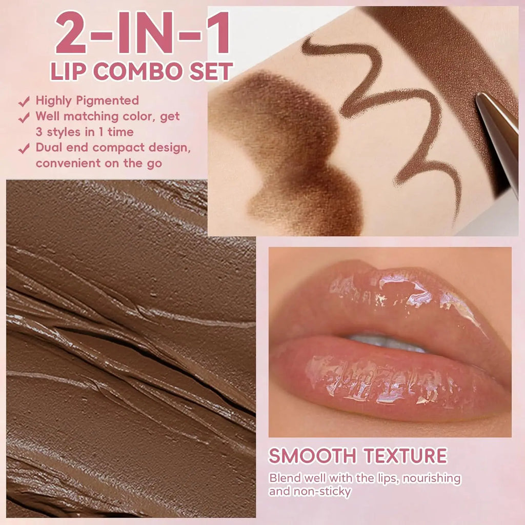 2-in-1 Matte Lip Liner & Gloss Pen | Waterproof, 8 Shades Lip Liner & Gloss QXL