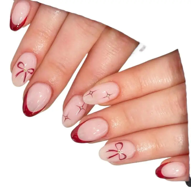24-Pc Almond Press-On Nails | Pink Bowknot French Tip Press-On Nail Set QXL