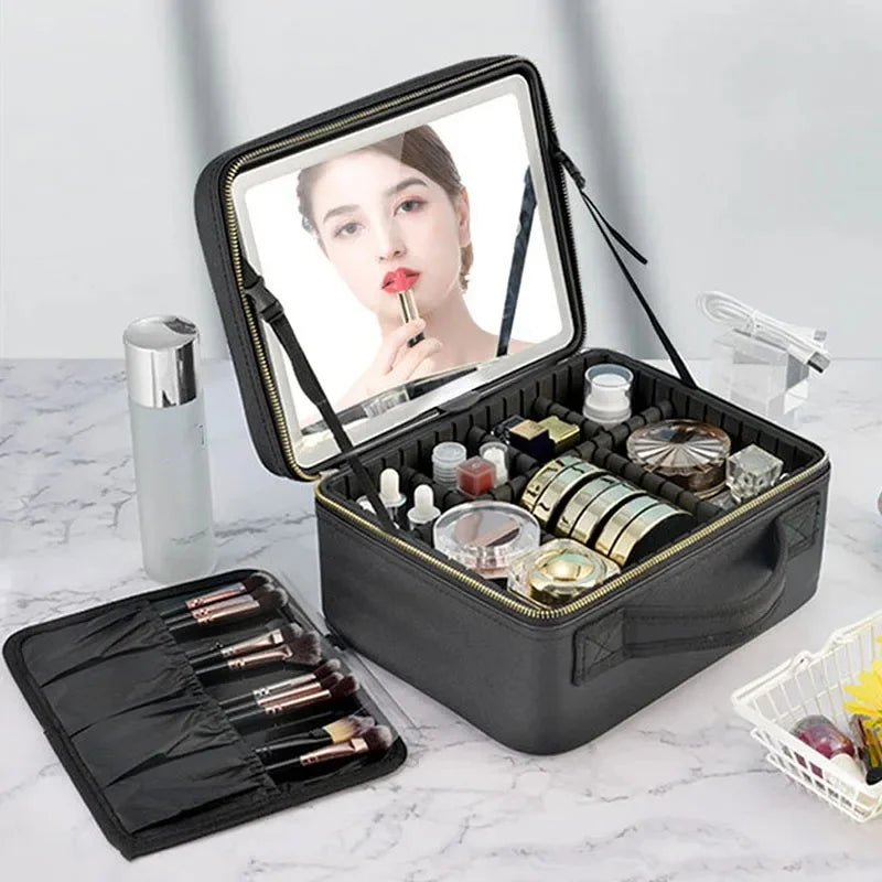 Smart LED Makeup Case with Mirror | Large Travel Cosmetic Bag Travel Cosmetic Case QXL