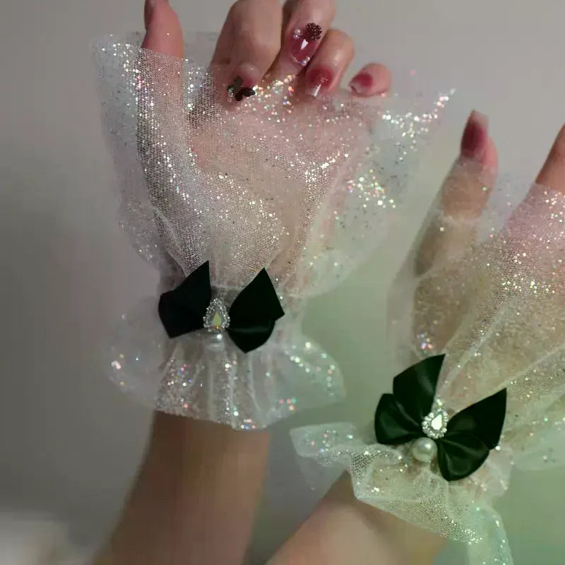 Nail Art Photo Fake Sleeves – Bow Tulle Wrist Cuffs for Nail Pics Nail Photo Prop QXL