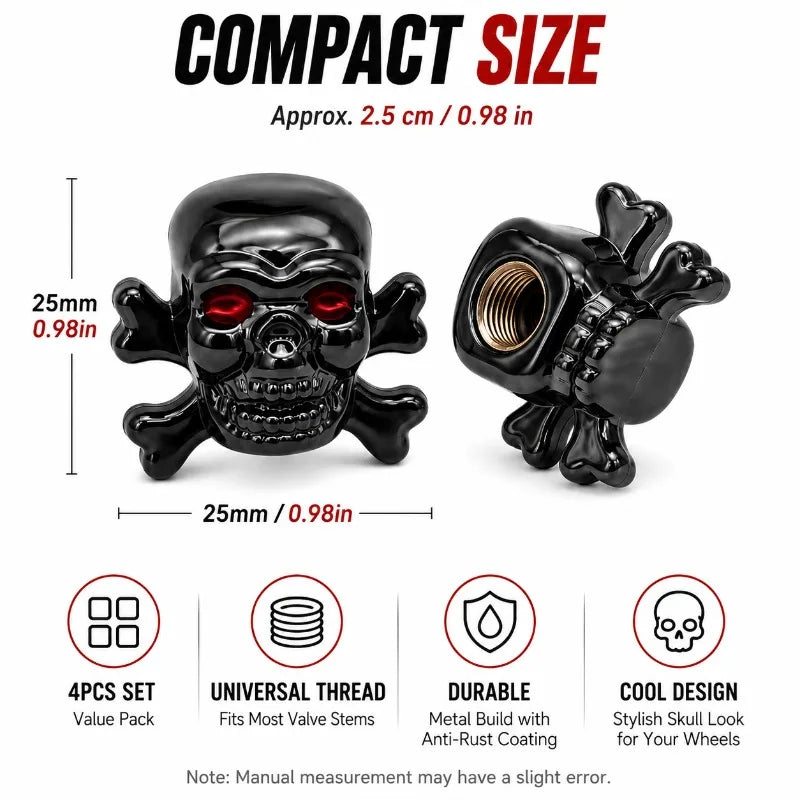 4-Pack Skull Tire Valve Caps | Metal Schrader 8V1 Thread Tire Valve Caps QXL