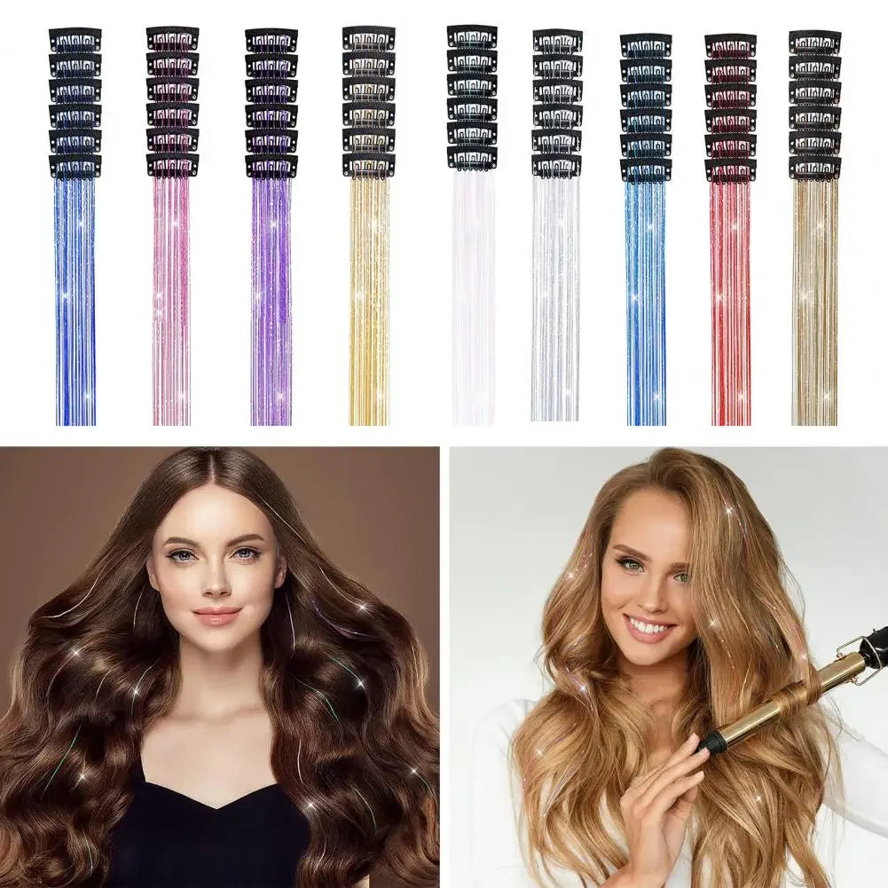 6-Pack Clip-In Shiny Hair Tinsel Extensions | 50cm Synthetic Clip-In Hair Tinsel QXL