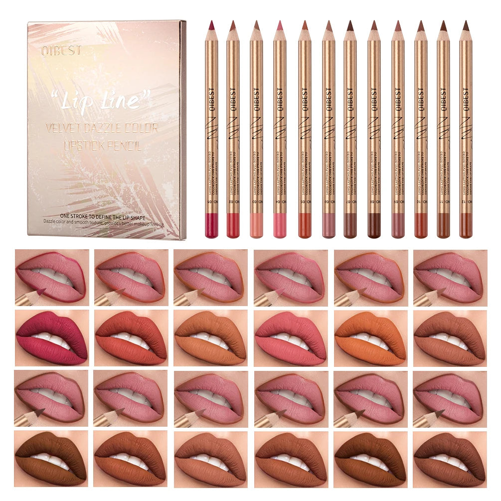 QIBEST 12-Pc Waterproof Matte Lip Liner Set | Nude Shades Lip Liner Set QXL Lipliner Sets