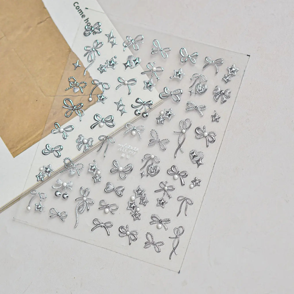 5D Metal Bow Nail Stickers – Star Heart Pearl Tassel Decals Nail Art Stickers QXL