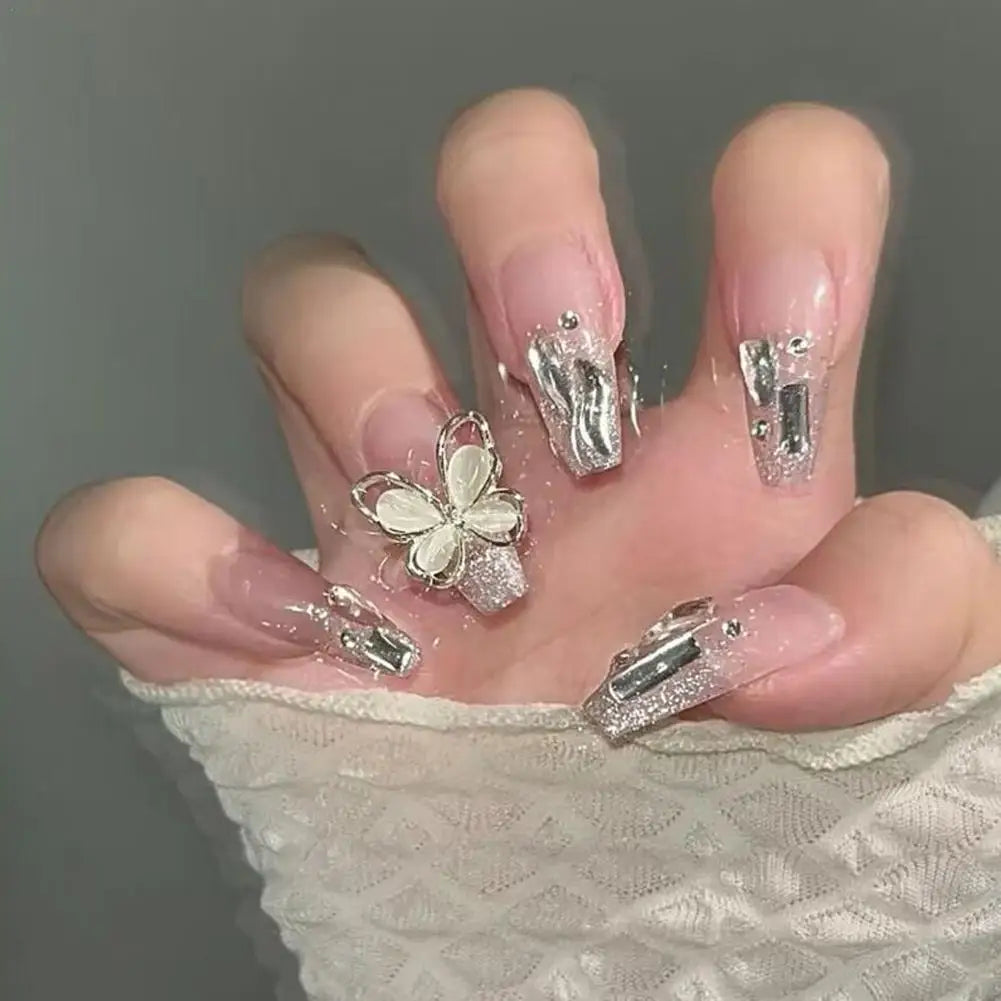 24-Pack Butterfly Pearl Press-On Nails | French Extended Tips Press-On Nail Tips QXL