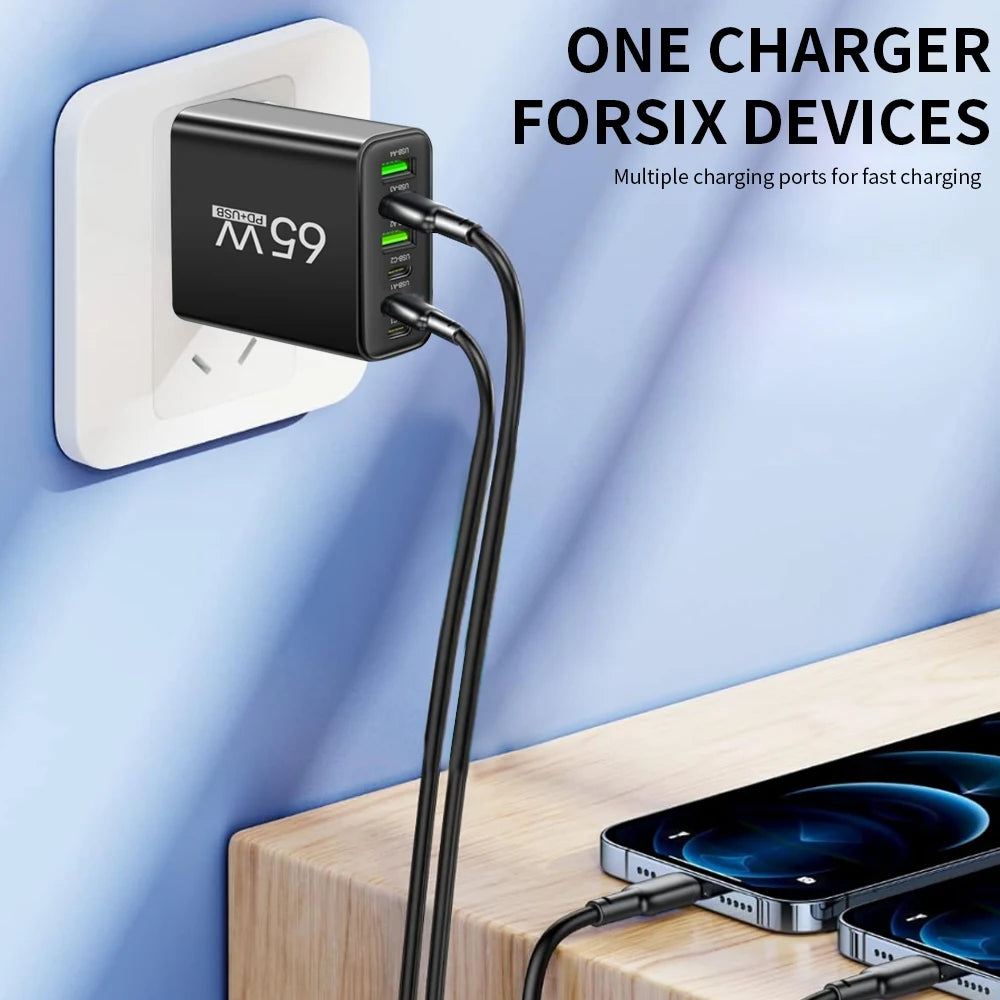 65W 6-Port USB-C Fast Wall Charger | EU & US Plug USB Wall Charger QXL