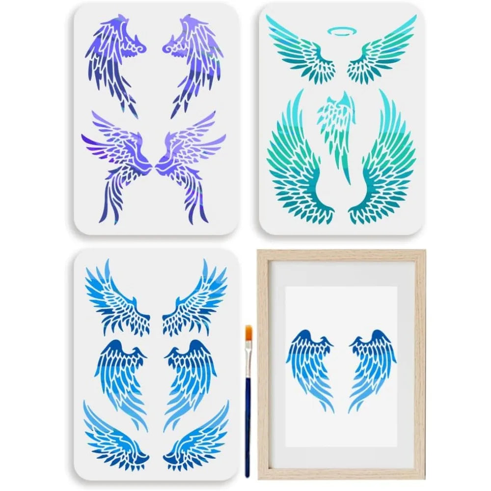 Angel Wings Painting Stencils 3-Pack + Brush | Reusable PET Craft Stencil Set QXL