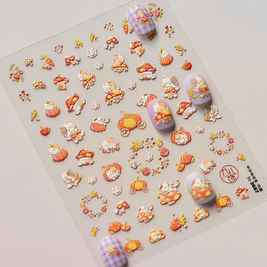 5D Kawaii Nail Stickers – Mushroom Cat & Animal Decals Nail Art Stickers QXL
