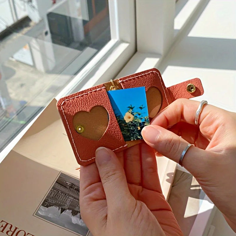 PU Leather Photo Wallet Keychain | Heart Cutout Wrist Strap Photo Wallet Keychain QXL