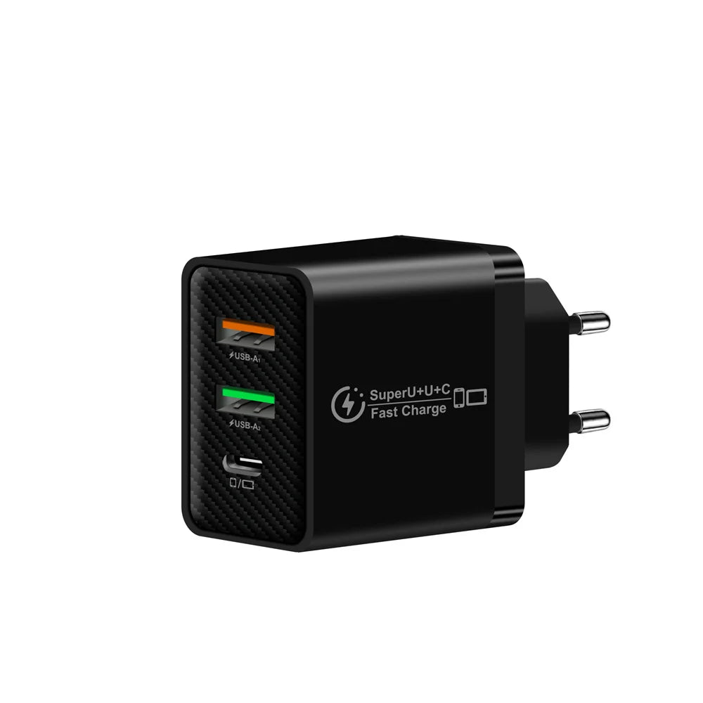 48W 3-Port USB-C PD Fast Charger | EU US UK Plug Adapter USB-C Wall Charger QXL Black EU