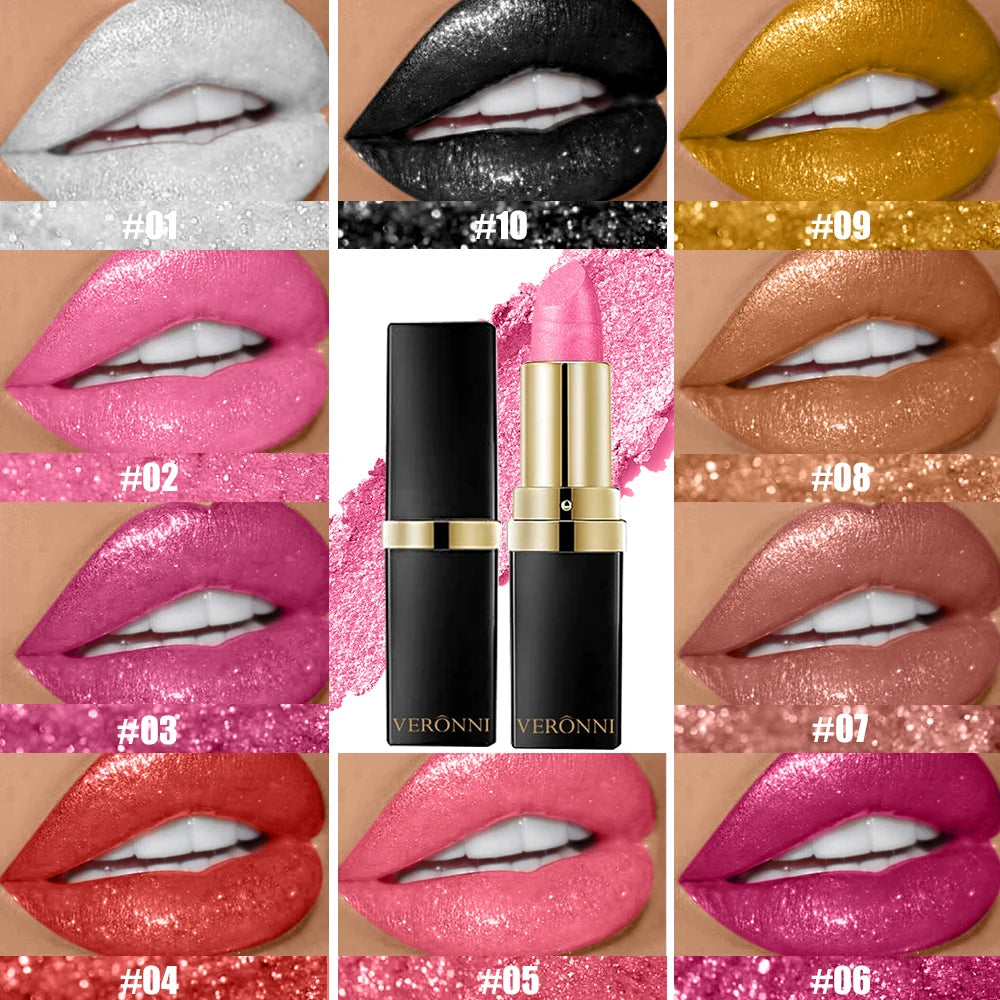 VERONNI 10-Color Glitter Lipstick | Waterproof Metallic Finish Glitter Lipstick QXL
