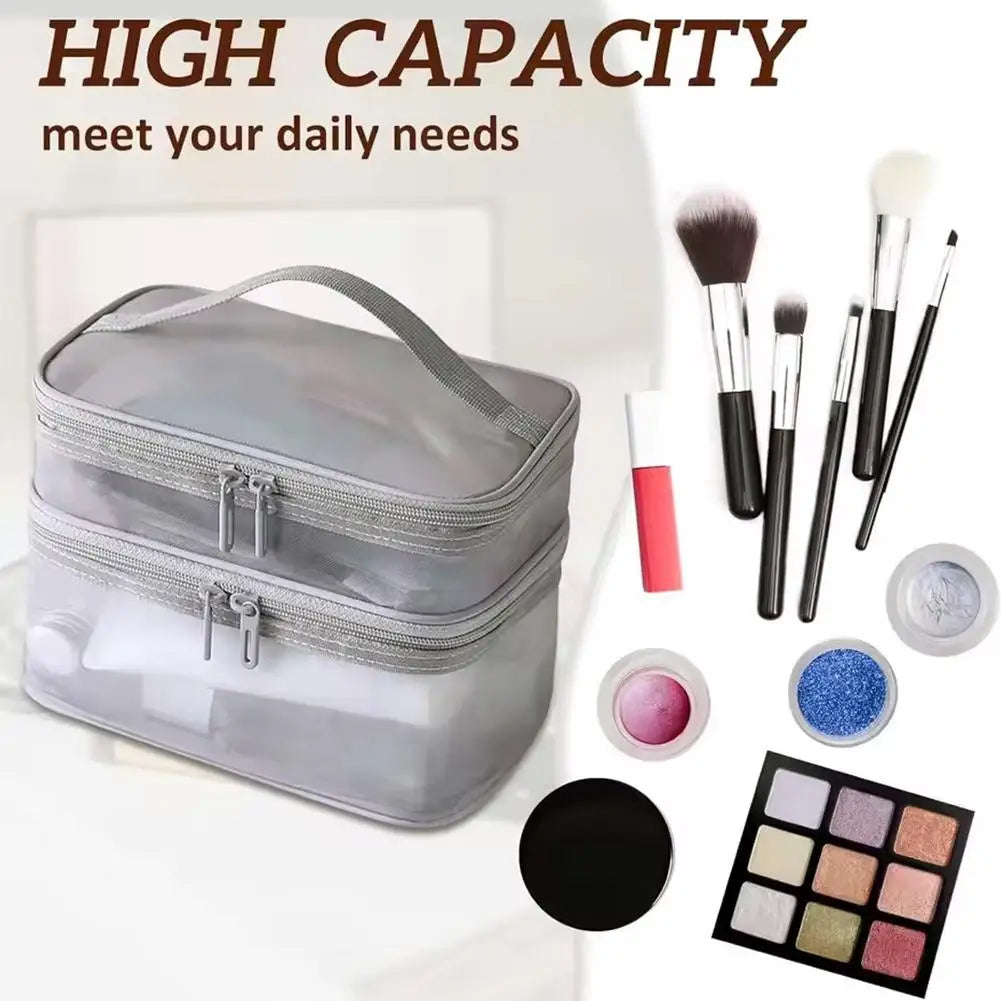 2-Layer Mesh Travel Cosmetic Organizer Bag | Foldable Makeup Pouch Travel Cosmetic Bag QXL