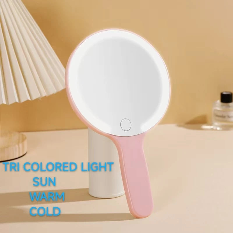 LED Lighted Handheld Makeup Mirror | 3-Color Dimmable Light Lighted Makeup Mirror QXL Round Pink