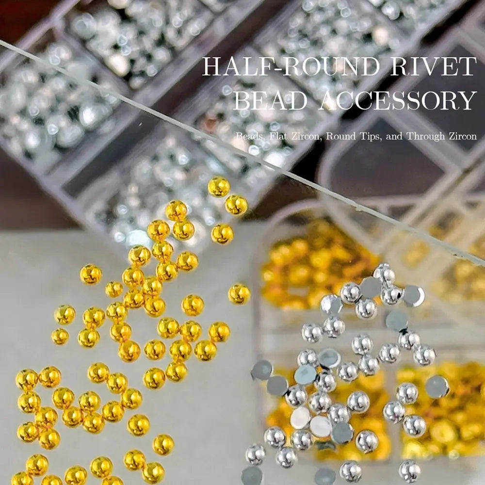 3D Half Round Pearl Nail Charms | Gold & Silver Flatback Beads Nail Art Charms QXL