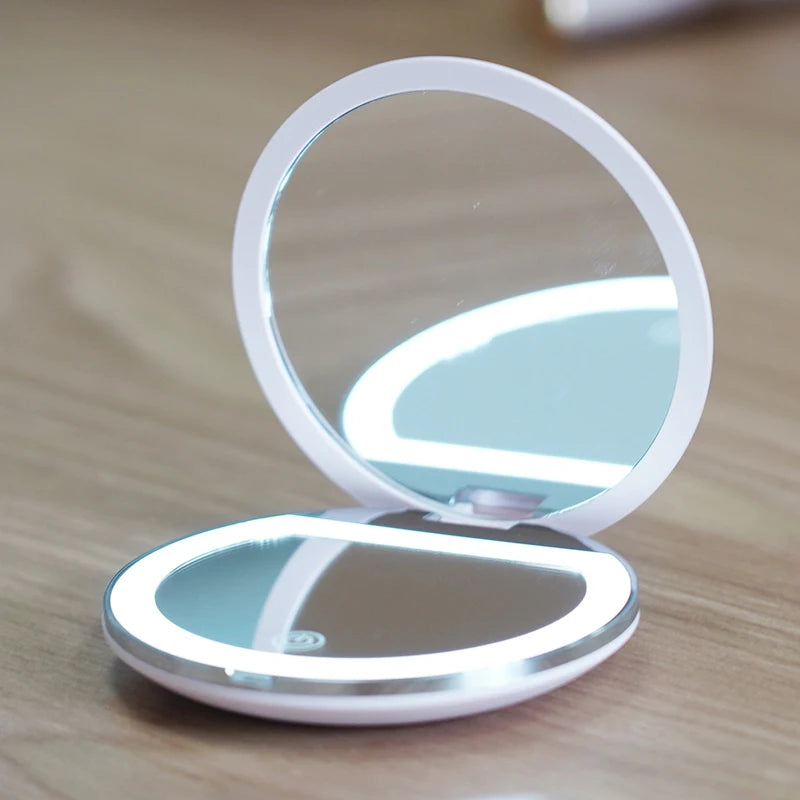 LED Folding Makeup Mirror 2X Magnification – Compact Pocket Mirror LED Makeup Mirror QXL White