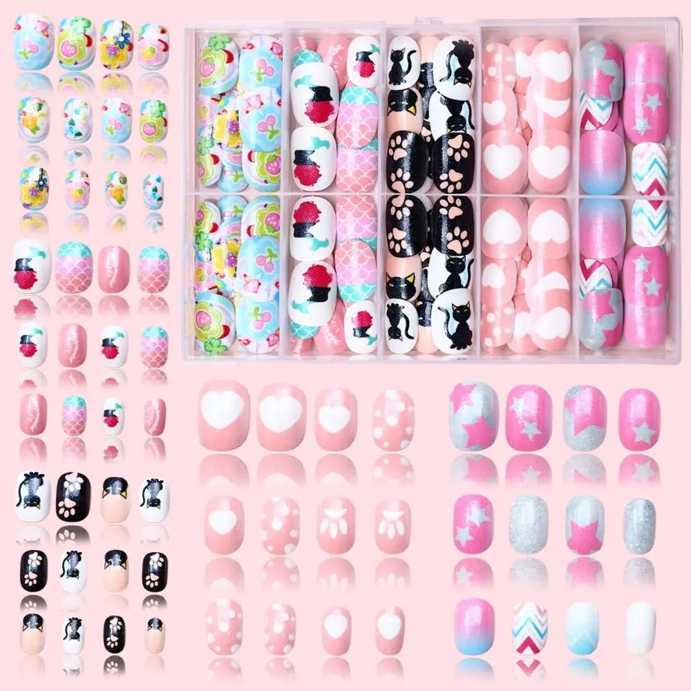 Kawaii Kids Press On Nails | 120-Pc Cute Cartoon False Nails Kids Press On Nails QXL