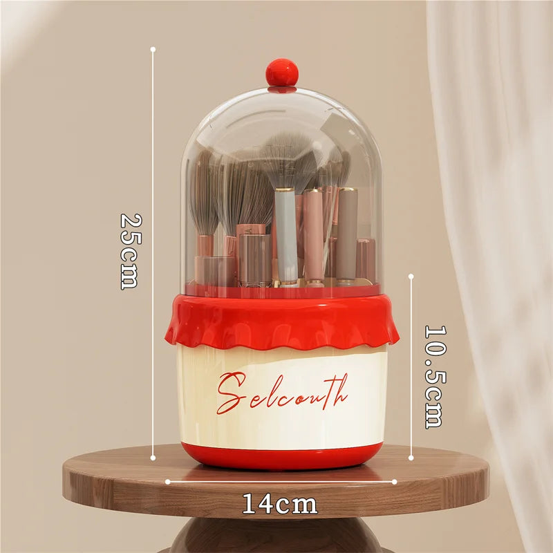 360° Rotating Makeup Brush Holder with Lid | 6-Grid Organizer Makeup Brush Organizer QXL Cream Red