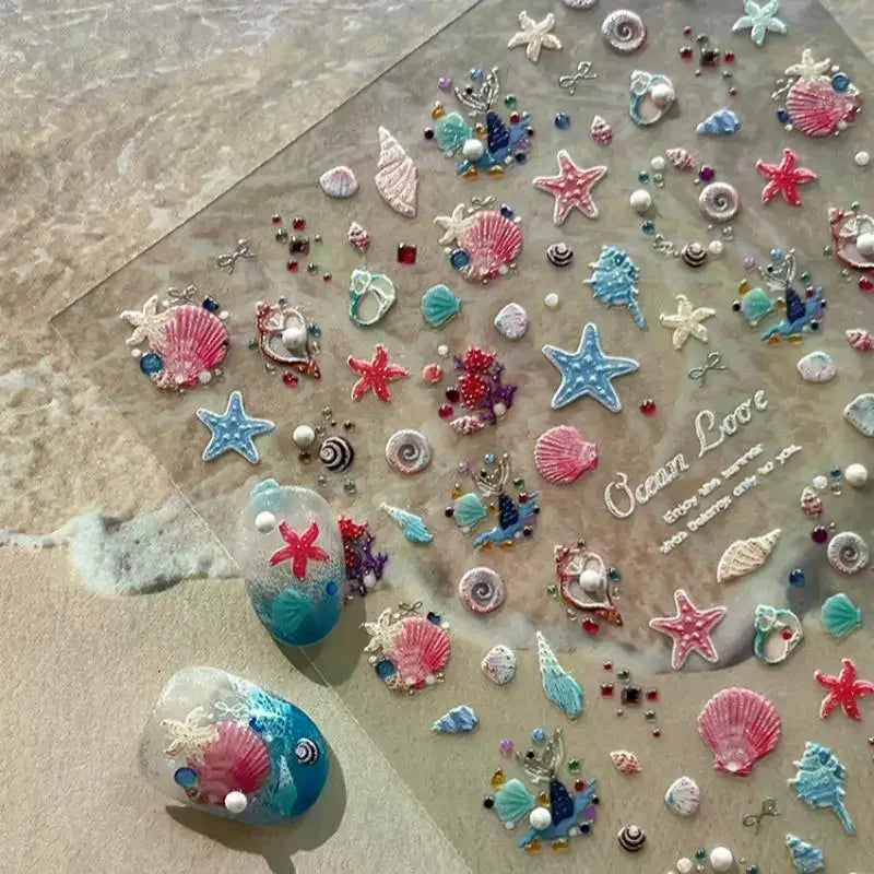 3D Relief Starfish & Shell Nail Stickers | Summer Nail Decals Nail Art Stickers QXL
