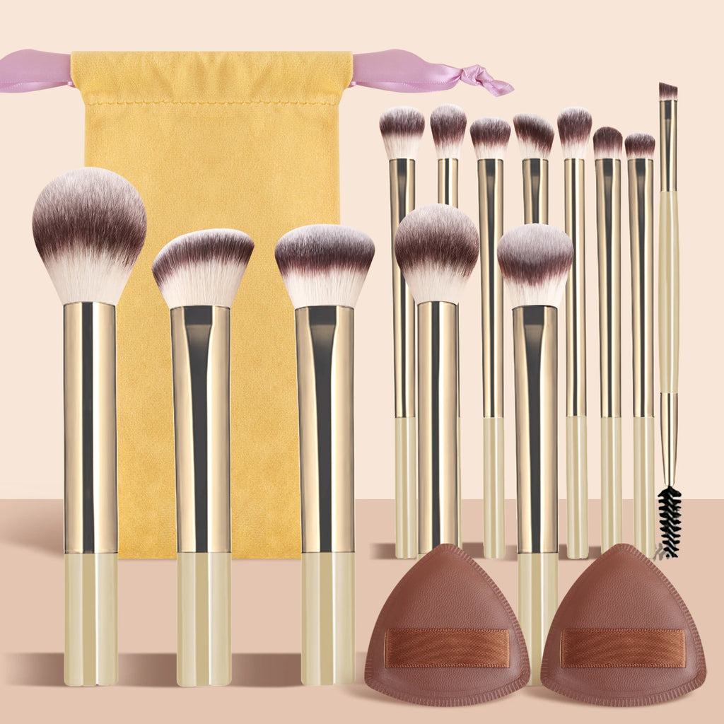 13-Pc Makeup Brush Set with Velvet Bag & 2 Puffs | Ronshadow Makeup Brush Set QXL Gold