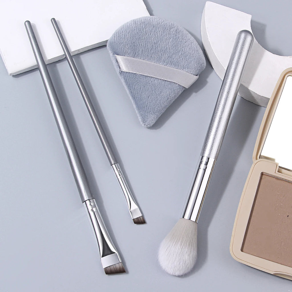 4-Pc Silver Makeup Brush Set | Highlighter, Eyebrow & Puff Makeup Brush Set QXL