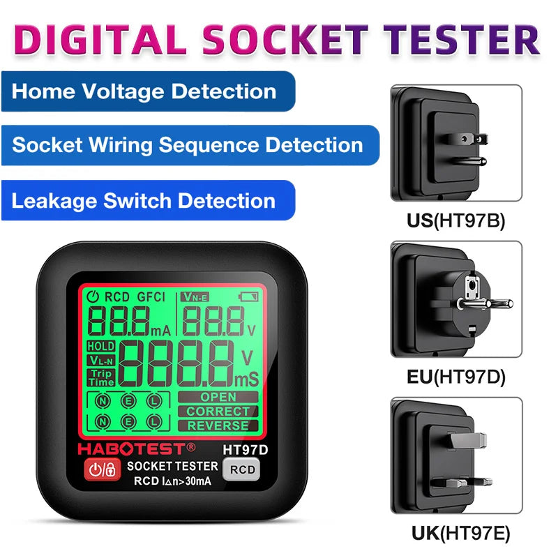 Digital Socket Tester EU/UK/US | Outlet Wiring & RCD Checker Socket Outlet Tester QXL