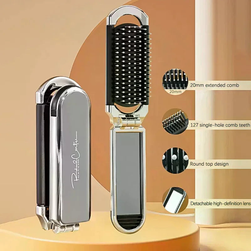 Foldable Travel Hair Brush with Mirror | Anti-Static Mini Comb Foldable Hair Brush QXL