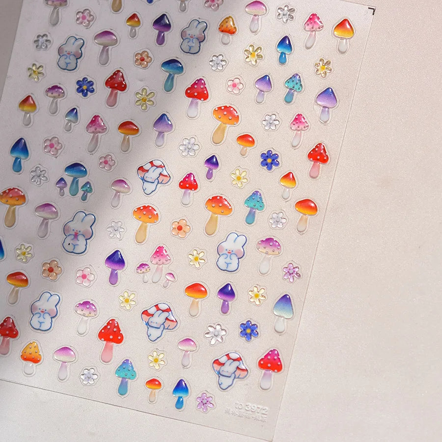 5D Kawaii Nail Stickers – Cartoon Mushroom & Rabbit Decals Nail Art Stickers QXL