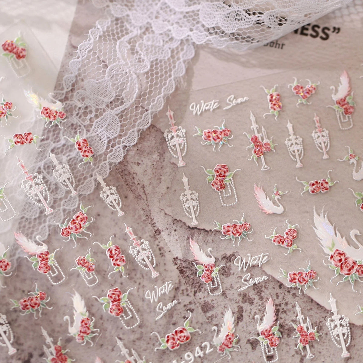 5D Embossed Nail Stickers | Vintage Rose Swan Lace Decals 5D Nail Stickers QXL