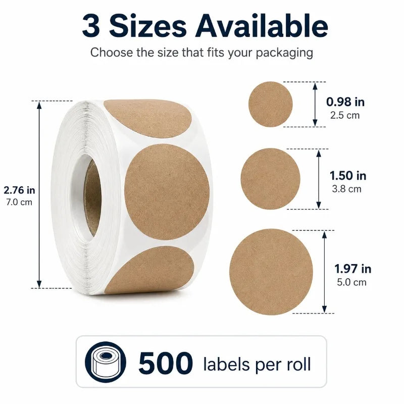 500-Pack Kraft Round Label Stickers | Writable Blank Seals Roll Kraft Label Stickers QXL