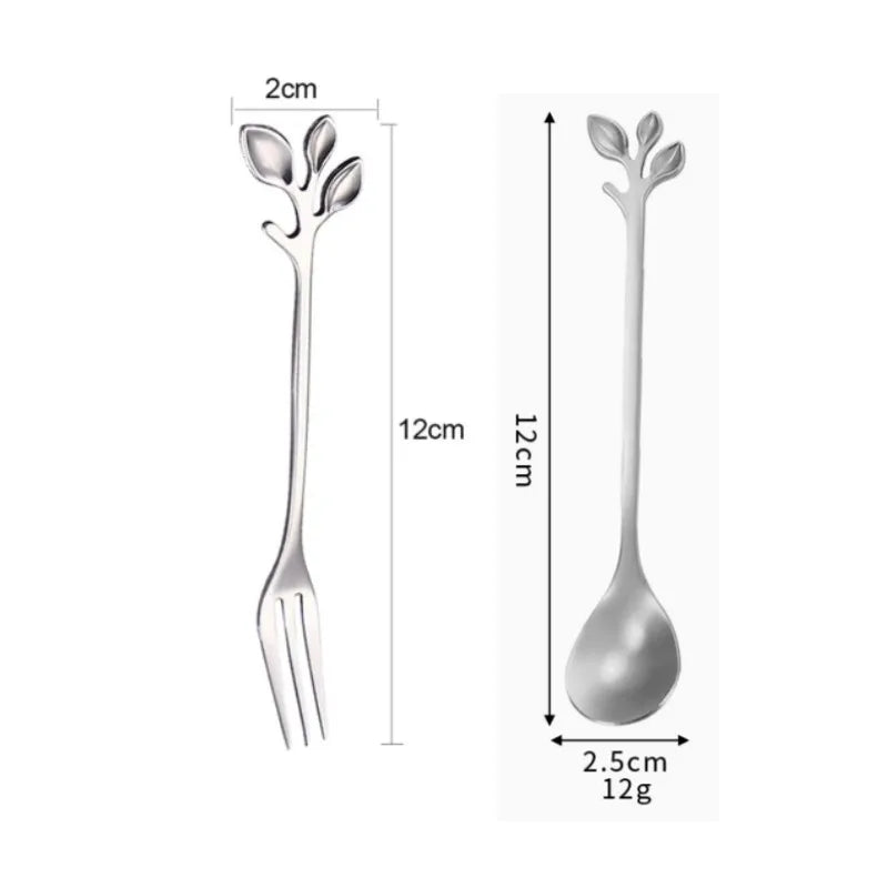 12-Pc Leaf Stainless Steel Fruit Fork & Dessert Spoon Set Dessert Flatware Set QXL