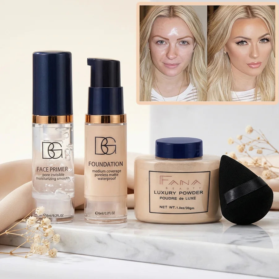 4-Pc Face Makeup Set | Primer, Foundation, Powder & Puff Face Makeup Set QXL