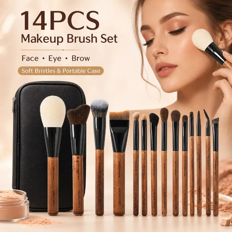 14-Piece Makeup Brush Set | Wooden Handle & Portable Case Makeup Brush Set QXL