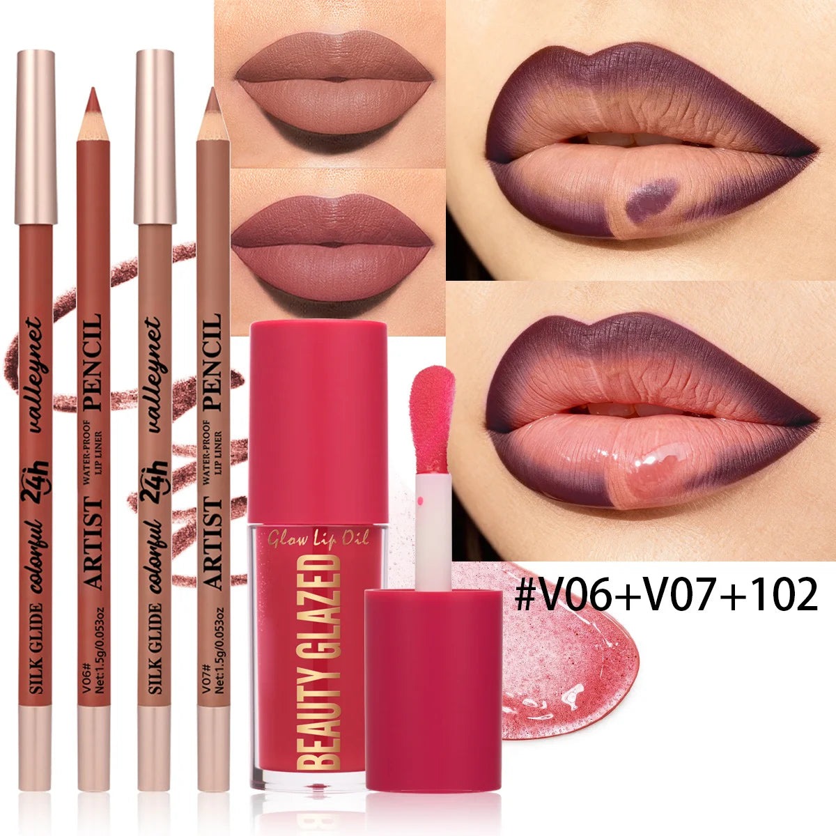 3-Piece Matte Velvet Lip Liner, Lip Oil & Lip Set – Waterproof Lip Makeup Set QXL SET2