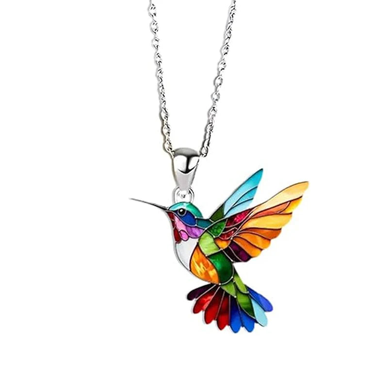 Colorful Hummingbird Pendant Necklace | Tin Alloy Gift for Women Pendant Necklace QXL Silver